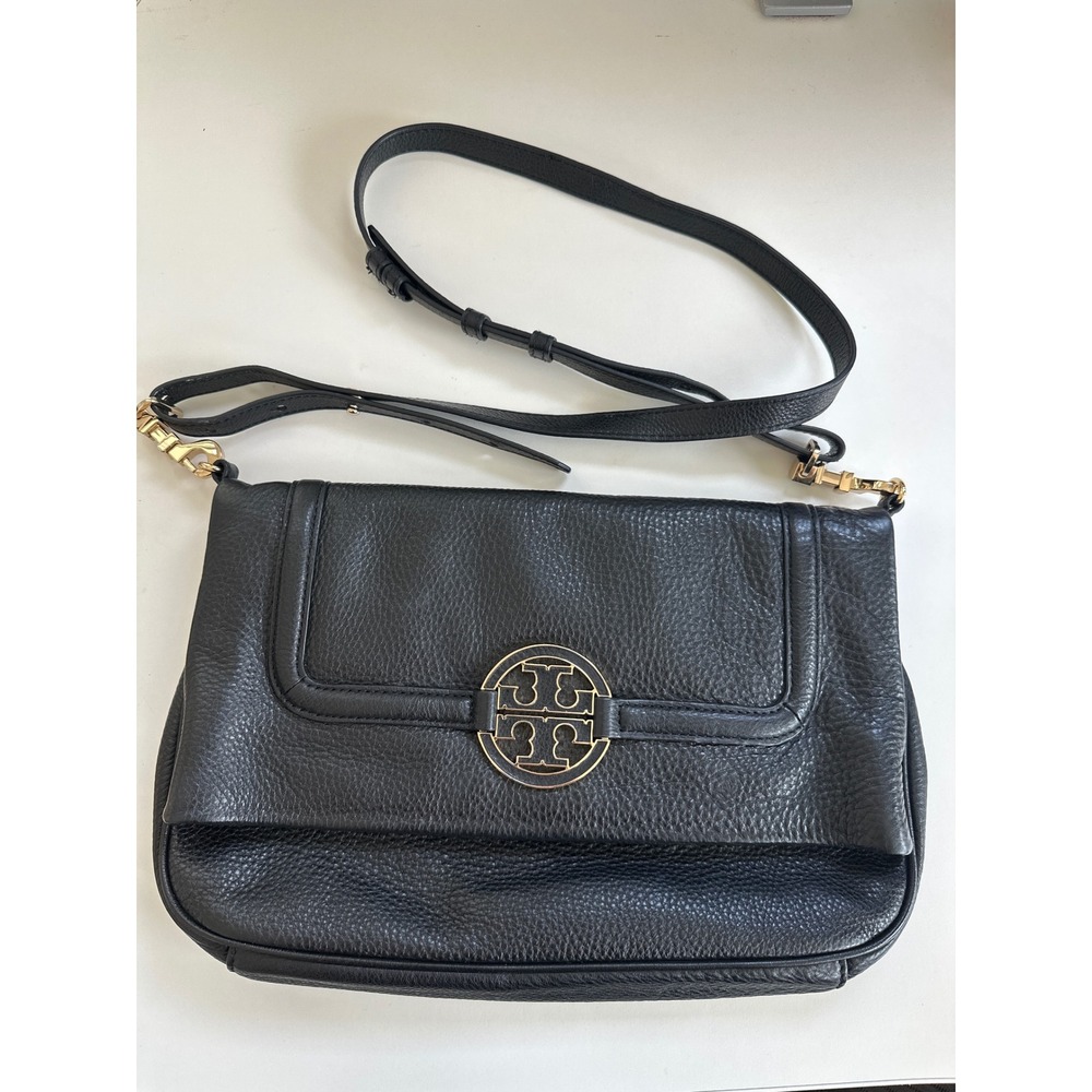 Tory Burch Amanda Foldover Crossbody Bag Black Pebbled Leather Gold Logo purse